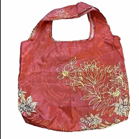 Johnny Was Tote Bag Red & Gold Floral Print Nylon Shopper Foldable - Picture 5 of 5